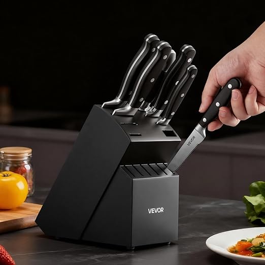 VEVOR Kitchen Knife Set with Block and Sharpener, 15 Piece High Carbon Stainless Steel Sharp Knife Set, Kitchen Cutlery with Crack-Resistant Handle, Sharpening Rod and Wooden Block, for Home Cooks