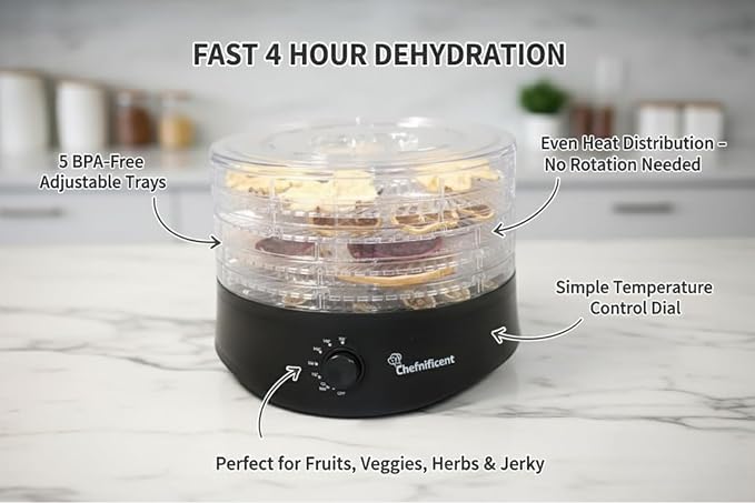 Food Dehydrator DryMax 280 – 5 Tray Adjustable, BPA-Free – 4-Hour Quick Drying, Even Heat, Easy Temp Control – Fruit, Veggie, Meat Jerky Maker (Black)