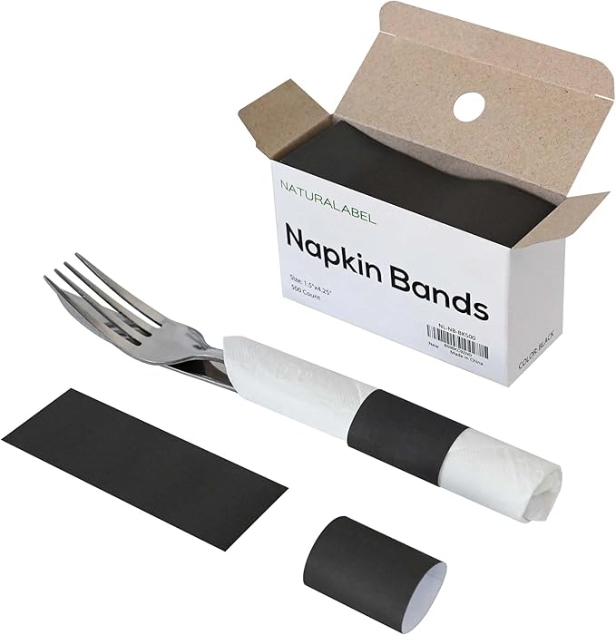 NATURALABEL 500 PCS Paper Napkin Rings with Box, Self-Adhesive Napkin Bands, for Family Meal, Birthday Party, Wedding, Celebration (Black)