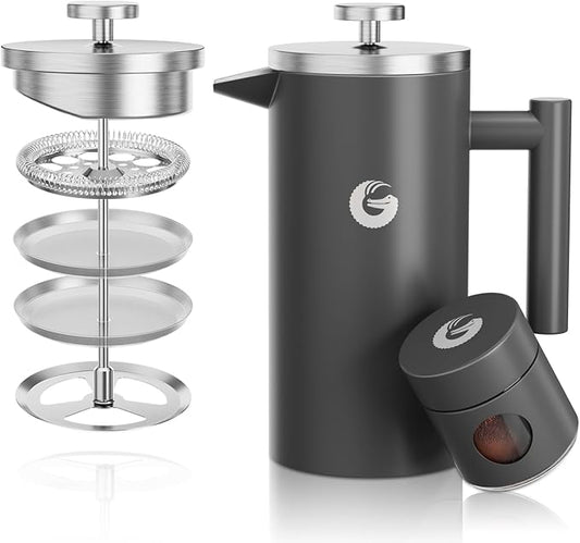 Coffee Gator 304 Grade Stainless Steel French Press Coffee Maker 34 oz, Double Wall Insulated Hot Cold Brew Teapot with 4-Level Filtration System, Include Travel Jar Canister, Rust-Free, Kitchen, Gray