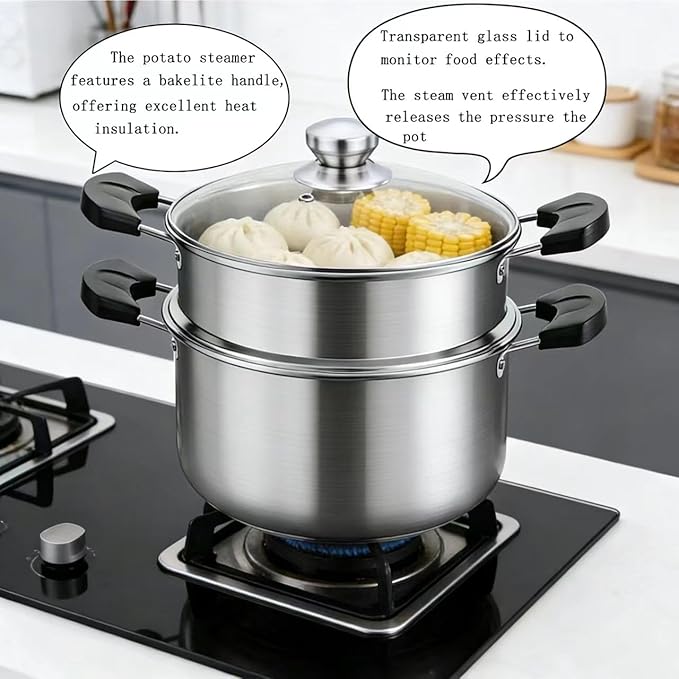 3.4QT Steamer for Cooking,Stainless Steel Steamer Pots with Vegetable Steam Basket,Glass Lid,Cooking Stock Pot with Handle for Vegetable, Dumplings, Soup, Food
