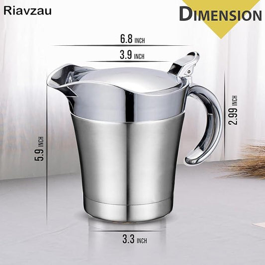 Stainless Steel Insulated Gravy Boat with Lid – 450ML/16OZ Double Insulated Gravy Pitcher for Hot & Cold Sauces – Sauce Jug with Hinged Lid, Ideal for Gravy or Cream at Thanksgiving, Gravy Pitcher