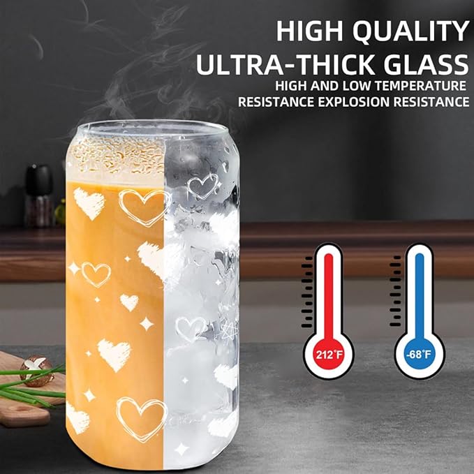 Glass Cups with Lids and Straws – 4 Pack 16oz Heart Tumblers for Cold Drinks, Iced Coffee, Tea, Juice – Sharing Drinkware for Friends, Couples & Gifts