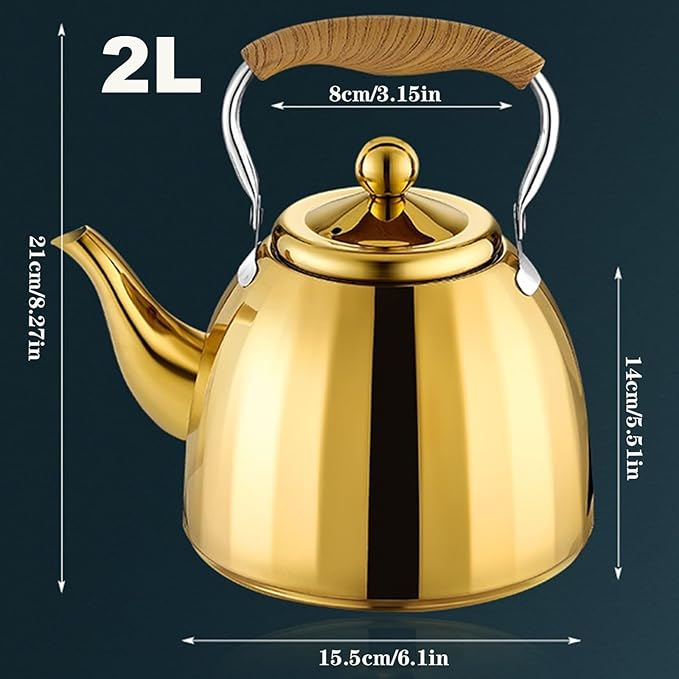 Gold Tea Kettle Stovetop with Infuser, 304 Stainless Steel Teapot for All Stovetops(2L)