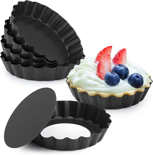 4” Quiche Pans with Removable Bottom, Non-stick, Fluted Sides, Mini Tart Pans, Round Shape, Set of 6