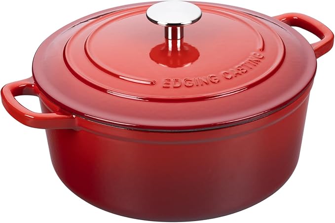 EDGING CASTING Enameled Cast Iron Dutch Oven Pot with Lid, 7 Quart, Round Dutch Ovens, Bread Oven Dual Handles, for Bread Baking, Oven Safe up to 500°F, Red