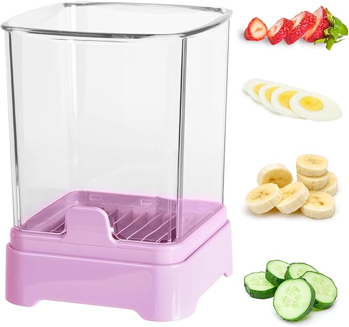 Fruit Slicer Cup for Strawberry, Banana, Hard-Boiled Egg - Detachable Cutter with Push Plate - Rapid & Safe Slicing Kitchen Gadget for Quick Meal Prep (Purple)