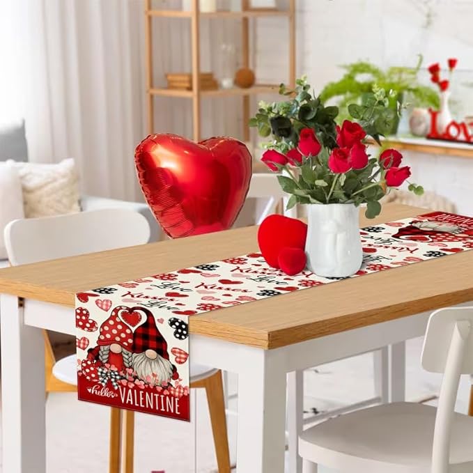 Valentine Red Buffalo Plaid Gnomes Heart Table Runner 13x120 Inch, Linen Love Wedding Anniversary Kitchen Dining Table Decoration for Home Party Holiday Indoor Decor