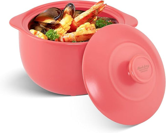MINH LONG 2-Qt Porcelain Dutch Oven with Lid – Lead & Cadmium Free, Oven Safe to 482°F, Heat Retention, Clay Pot for Cooking on Gas & Infrared Cooktop, Use to Marinate, Cook, Bake, Refrigerate & Serve