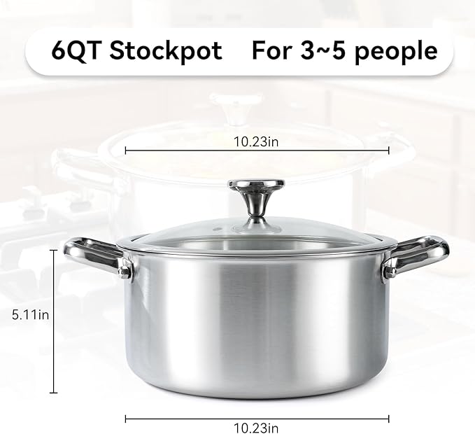 ODPFTY 6QT Stainless Steel Stock Pot with Encapsulated Bottom & Lid - Professional Soup Pot - Nonstick Thick Bottom Stockpot for Cooking, Stewing, and Canning, Dishwasher Safe