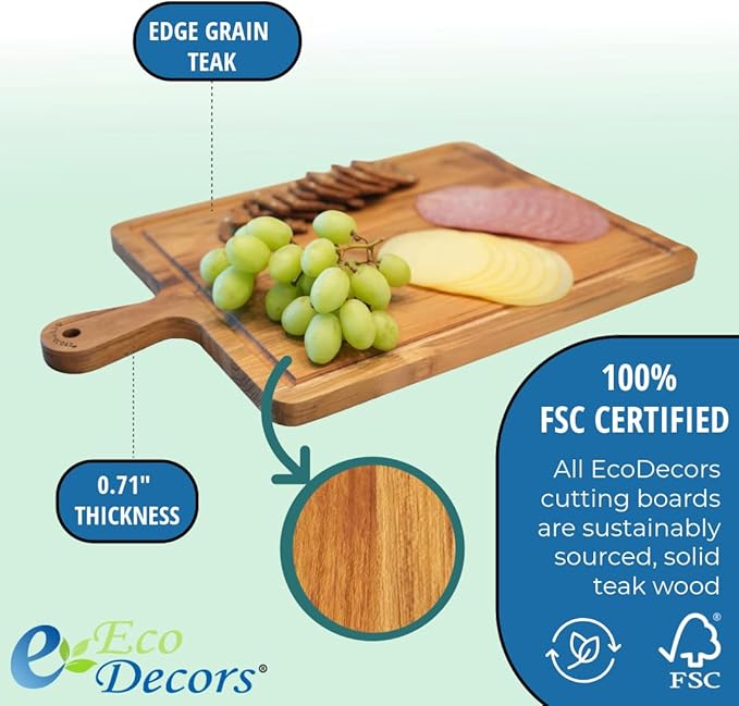 EcoDecors 3 Piece Teak Cutting Board Set with Handles, FSC Certified Edge Grain, Prep and Serving Boards for Kitchen
