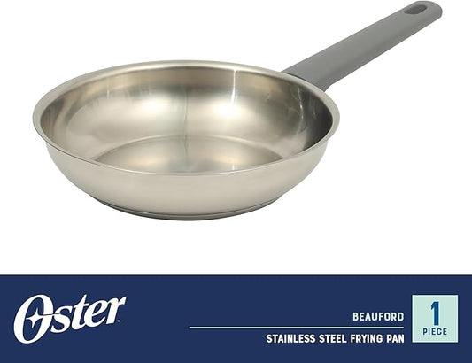 Oster Beauford 8-Inch Stainless Steel Frying Pan – Induction, Oven & Dishwasher Safe Skillet, Soft-Touch Gray Handle, 5-Ply Encapsulated Bottom