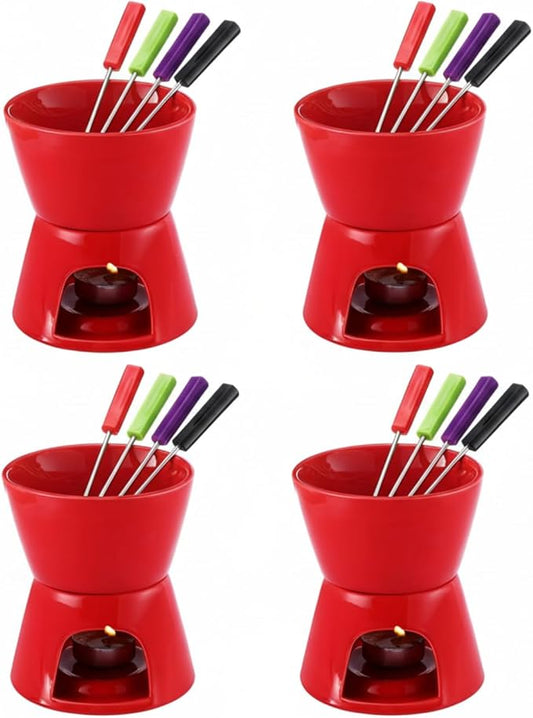 Nuogo 4 Pcs Fondue Pot Set Ceramic Mini Chocolate Fondue Mug Set Melting Bowl with 16 Pcs Mini Forks for Cheese, Chocolate, Tapas, Butter and Caramel, Valentine's Day(Red)