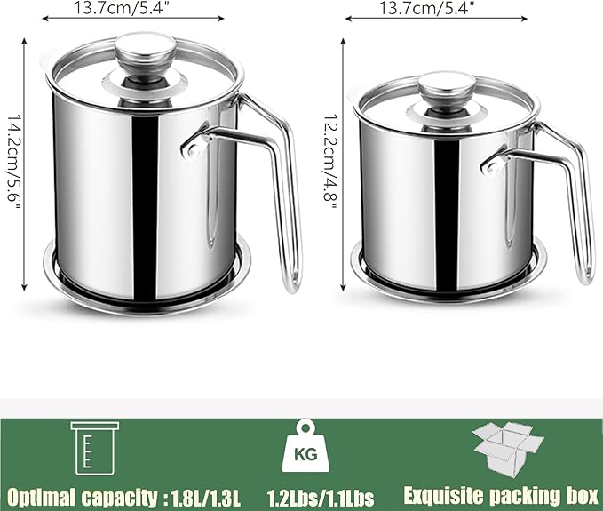 DIY HOME Bacon Grease Container, 1.8L / 61fl oz Cooking Oil Storage Strainer Oil Filter with Fine Mesh Strainer 304 Stainless Steel Grease Can for Kitchen Fat Storage