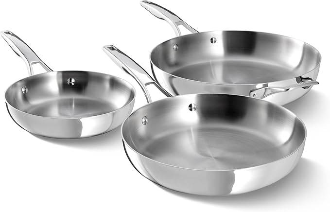 Calphalon Premier Polished 5-Ply Stainless Steel Cookware Set w/Turbo Heat Tech 3 Piece Frying Pan Set, Induction, Oven Safe 500F, Silver