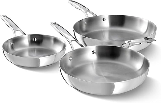 Calphalon Premier Polished 5-Ply Stainless Steel Cookware Set w/Turbo Heat Tech 3 Piece Frying Pan Set, Induction, Oven Safe 500F, Silver