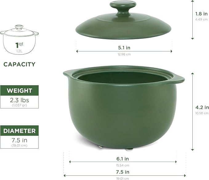MINH LONG 1-Qt Porcelain Dutch Oven with Lid – Lead & Cadmium Free, Oven Safe to 482°F, Heat Retention, Clay Pot for Cooking on Gas & Infrared Cooktop, Use to Marinate, Cook, Bake, Refrigerate & Serve