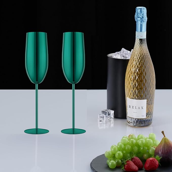 Stainless Steel Champagne Flutes Set of 4-Wedding &Birthday Gifts,8.5 Oz Unbreakable Champagne Glass with Long Stem,Reusable Indoor Outdoor Drinkware (Green)