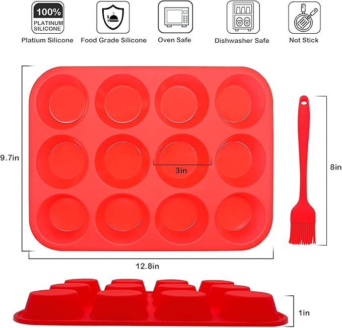 Bongpuda Silicone Muffin Pan Set,2 Pcs 2.8" 12 Cups Egg Bite Mold,Non-Stick,Easy Release,For Egg Muffins, Cupcakes, Large Muffins,Pizza Muffins,Cheesecakes(Black + Red)