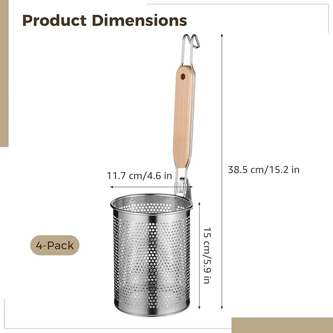 Stainless Steel Pasta Strainer, 4 Pcs Noodle Dumpling Strainers, Blanching Baskets with Wood Handle, Mesh Spider Strainer for Pasta, Noodle, Dumpling (4.6"D x 5.9"H)