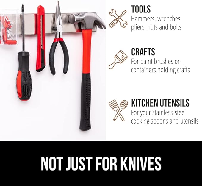 GORILLA GRIP Stainless Steel Magnetic Knife Holder for Wall, 14 in, Magnet Bar for Knives, Tools, Supplies, Heavy Duty Metal Strip Holds Up to 6 lbs, Kitchen Organizer, Non-Adhesive, Drilling Required