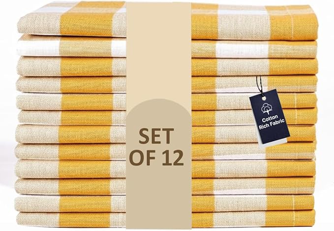 LFH Home Buffalo Check Cloth Dinner Napkins Set of 12, Cotton Napkins, 100% Cotton Checkered Wedding Christmas New Year Dinner Napkins with Mitered Corners and Generous Hem - 18 x 18 Mustard White