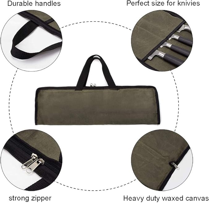 Knife Roll,Heavy Duty Knife Bag,Waxed Canvas knife Case with 4 Slots for Knives & Kitchen Tools,Chef Knife Bag with Handle.Portable Knife Roll Bag for Stroage Home Traveling Camping.Case Knives Pouch