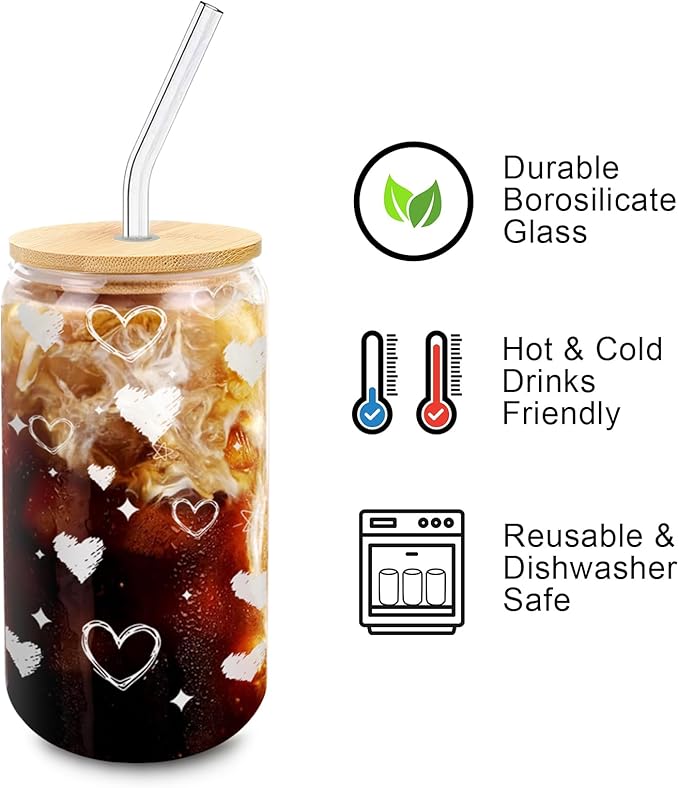 Glass Cups with Lids and Straws, 2 Pack 16 oz Borosilicate Iced Coffee Tumblers, Bamboo Lids, Glass Straws, Matching Heart Drinkware for Couples and Best Friends, Valentines Day, Galentines Day