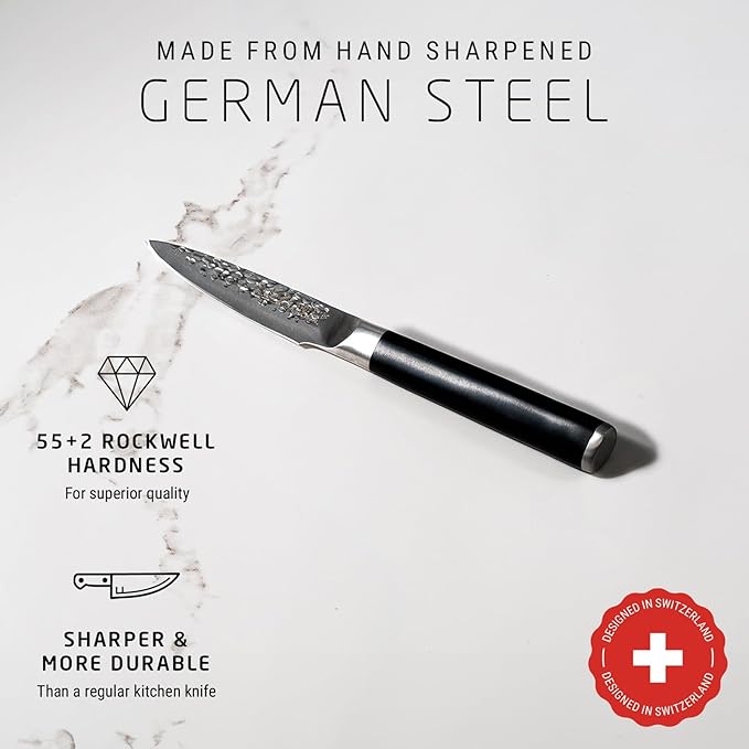 Swiss Diamond Paring Knife, German Steel With ABS Handle, Half Tang Handle, Hammered Blade Chef Knives Professional Grade, 55+2 Rockwell Hardness, 4.5 Inch