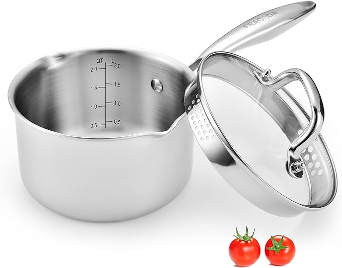 Fracoda 2.0 Quart Stainless Steel Pot Saucepan with Glass Strainer Lid, Sauce Pot with Two Side Spouts, Induction Cooking Pot, Multipurpose Sauce Pan with Lid for Cooking