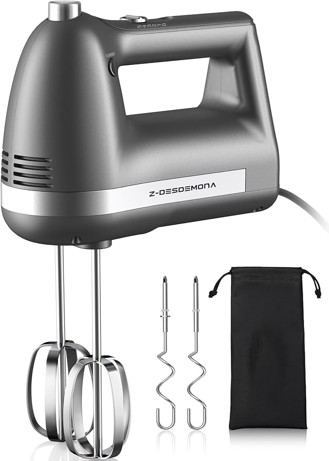 Z-DESDEMONA Electric Hand Mixer, Powerful Hand Mixer Electric Handheld with 304 Beaters, Dough Hook,Hand Held Mixer with Turbo for Baking Cakes, Eggs, Cream Food(Grey)