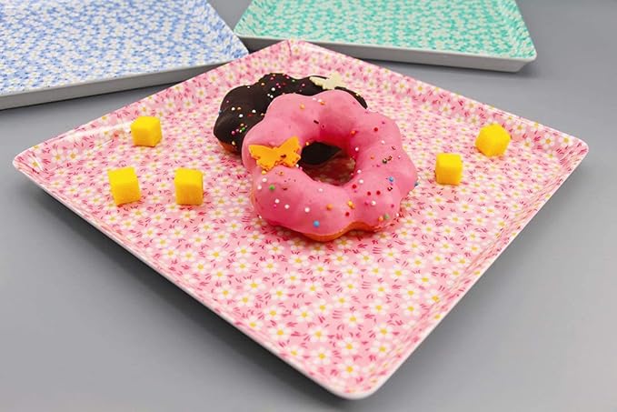 GWPP 10.5" x 10.5" x 3/4" Melamine Plastic Shallow Floral Breakfast Serving Tray, Set of 3 Small Tray in 3 Colors for Restaurant or Picnic Camping (Shallow Floral Colorful Mixing)