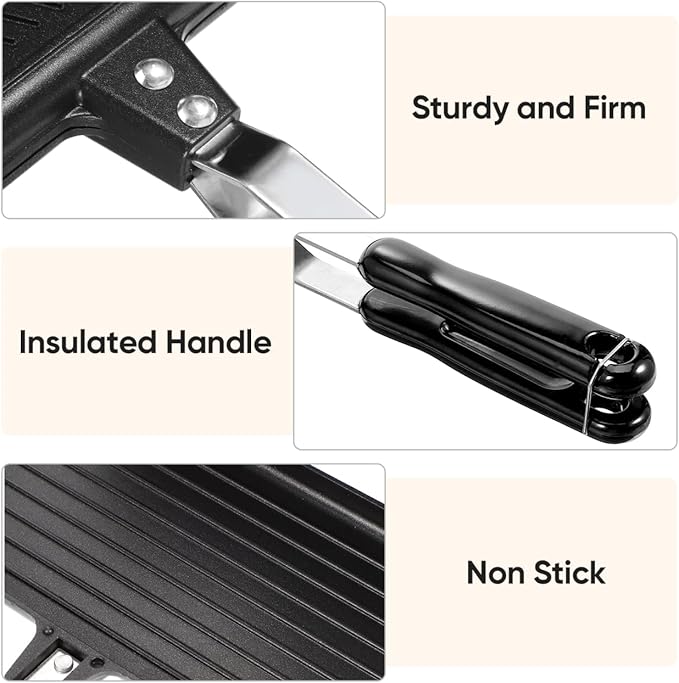 Hemoton Double-Sided Non-Stick Sandwich Baking Pan 14X9.44 Inch Ergonomic Handle Grill Plate for Stovetop Cooking Breakfast Waffles Toasts Omelets