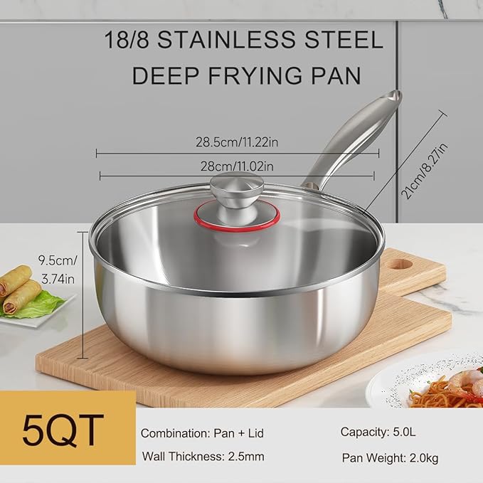 YeKuKing Tri-ply Stainless Steel Saute Pan 5-Quart with Clear Lid Deep Frying Pan for Chef's Cooking Wok Induction Oven Dishwasher Safe, Compatible with All Cooktops(Detachable Handle,11 Inch)