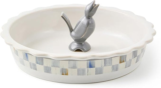MACKENZIE-CHILDS Everyday Pie Plate with Pie Bird, Stoneware Pie Pan for Baking and Serving, Gray-and-White Sterling Check
