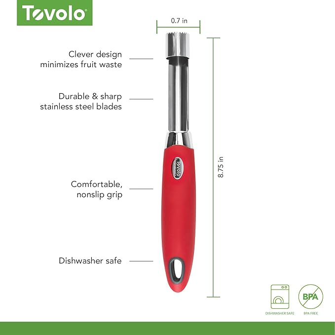 Tovolo Apple Corer Fruit Coring and Seed Removal Tool for Cooking Baking Meal Prep, Handheld Apple Seed Remover and Pear Corer Tools With Sharp Serrated Coring Blade Separates Fruits & Veggies Seed