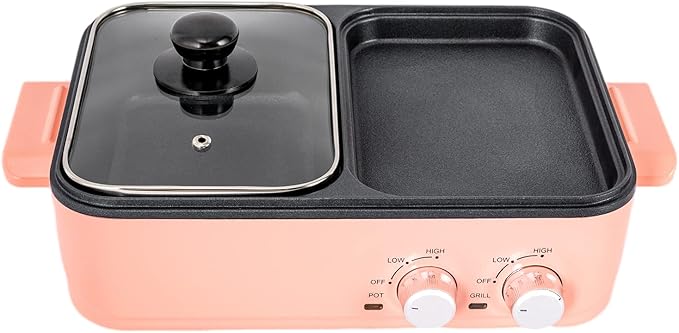 Hot Pot Electric with Grill, 2 in 1 Indoor Non-Stick Electric Pot and Griddle Yin-Yang Nonstick Skillet Indoor Smokeless BBQ Grill for Family Party, Adjustable Temperature, for 2-3 people (Rectangle)