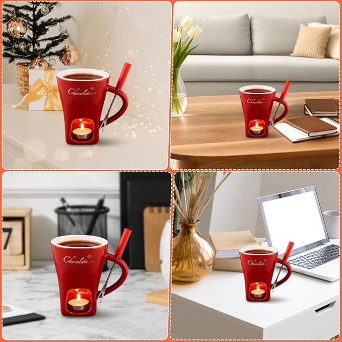 Chocolate Fondue Mugs, Chocolate Melting Cup Set with Forks Candle Warmer, Mini Ceramic Coffee Warmer Mug, Fondue Cups With Forks For Date Night Birthday Wedding Gifts (red)