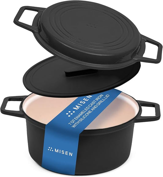 Misen 7 QT Enameled Cast Iron Dutch Oven - Chip-Resistant Enamel Coating - Thick Iron Core For Heat Retention - Large Cooking Surface - Oven Safe, Induction Compatible - Grill and Silicone Lid, Black