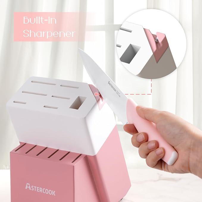 Astercook Knife Set, Kitchen Knives Set with Block and Sharpener Ceramic Coating 15 Pcs German Stainless Steel Knives Sharp Blade Dishwasher Safe Deba Knives with Ergonomic Handle, Crystal Pink