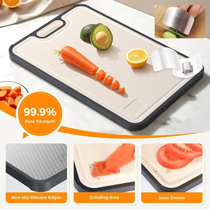 Titanium Cutting Board for Kitchen - Dual Sided Large Cutting Board with Titanium Surface & Wheat Straw PP Back, Dishwasher Safe, Includes Stainless Steel Finger Guard, Christmas Gift for Women & Mom
