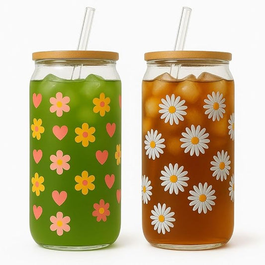 BambooSip (2- pack) Drinking Glasses with Bamboo Lids, straws and cleaning Brush, 160z Glass cups with Lids and straws,Beer, juice, smoothies, iced Coffee Glasses, Soda, Gift, UniqueDaisyDesign.