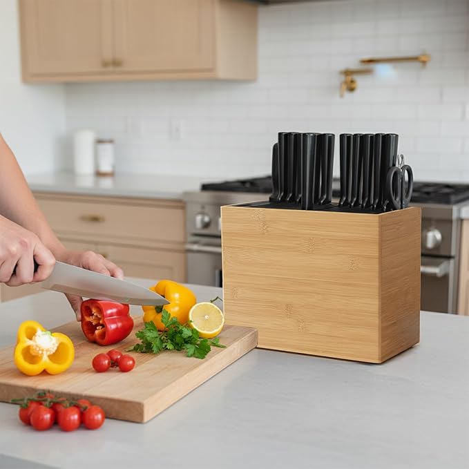 XXL Detachable Universal Knife Block for 28+ Knives, Natural Bamboo Wood Holder with Unique Easy-Clean Slots, Hygienic Countertop Storage, Dual Slots for Scissors & Sharpening Rod