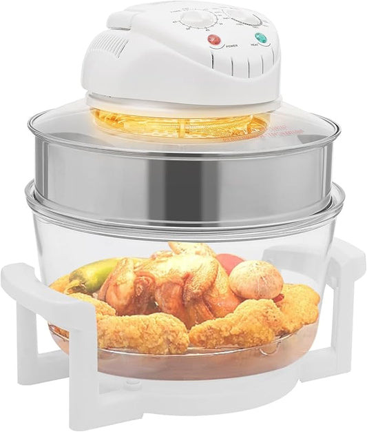 trggvvrt 17L/17.96Qt Turbo Electric Glass Air Fryer w/ 2 Grill, Electric Turbo Convection Oven Roaste, 360° Viewable Airy Fryer with Expansion Ring, Multifunction Oilless Halogen Oven