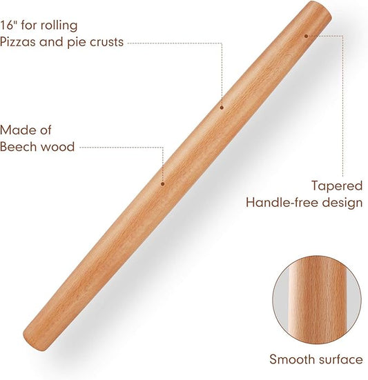 Wood French Rolling Pin for Baking, QUELLANCE Wooden Dough Roller with Silicone Baking Mat, Beech Wood Rolling Pins for Baking Dough, Pizza, Pie, Pastries, Pasta and Cookies,Red Pastry Mat