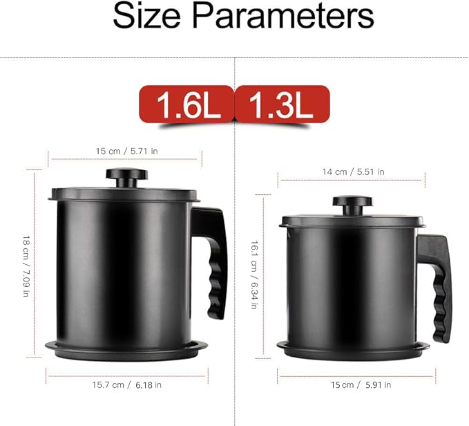 Ourokhome Bacon Grease Container with Strainer- 1.6 L or 6.7 Cup Iron Kitchen Oil Storage Can with Fine Mesh Strainer for Storing Hot Frying Oil, Fat (Black)