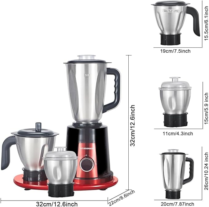 Vitasunhow Indian Mixer Grinder, features 800 Watt motor Comes with 3 Stainless Steel Jars