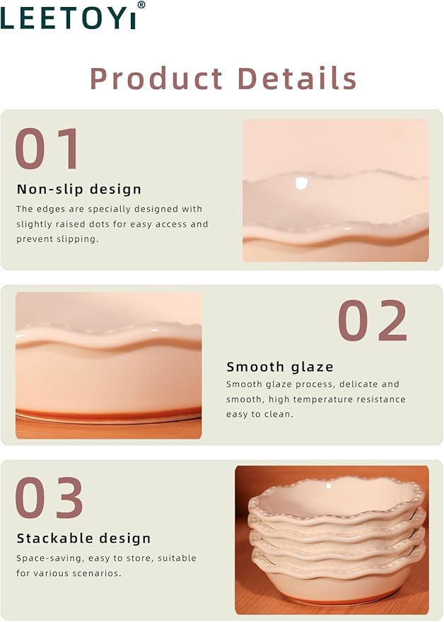LEETOYI 5.8 Inch Mini Pie Pans, 8 Ounce Ceramic Pie Plate Pie Dish Ramekins for Kitchen, Individual Stackable Pie Tins, Set of 4 (White/Brown)
