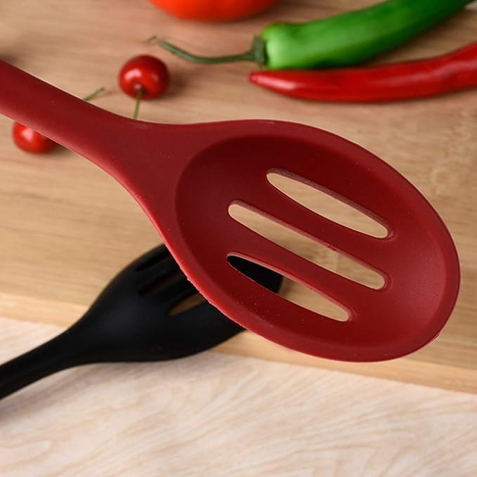 Silicone Nonstick Slotted Spoons Set 2,High Heat Resistant, Hygienic Design Cooking Baking Spoons Set for Cooking Stirring, Mixing and Serving,Red and Black with Color Box