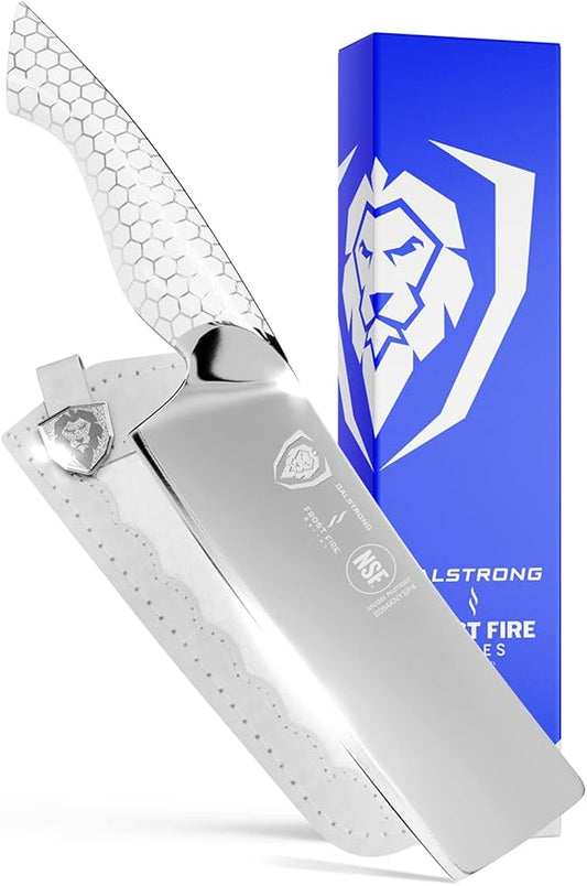 Dalstrong Nakiri Knife - 6.5 inch - Frost Fire Series - High Chromium 10CR15MOV Stainless Steel Vegetable Knife - Frosted Sandblast Finish - White Honeycomb Handle - Leather Sheath - NSF Certified